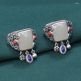 Cluster Rings Ethnic Style 925 Sterling Silver Square Jade Adjustable Ring For Women Vintage Lapis Lazuli Tassel Finger Jewelry JZ142