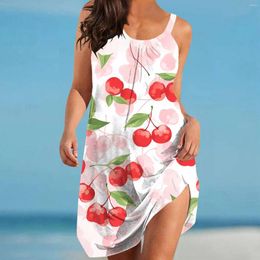 Casual Dresses Cherry Print Summer For Women 2024 Vacation Sleeveless Tank Dress Womens Loose Beach Sundress Vestidos Verano