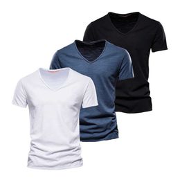 Men's T-Shirts AIOPESON 3-piece set of 100% pure cotton mens T-shirts fashionable design V-neck casual fit basic pure cotton mens summer T-shirt J240322