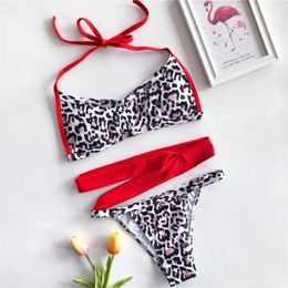 Women's Swimwear Sexy Leopard Bikini Halter Bandage Swimsuit Thong Bathing Suit Two Piece Women Beach Outfits Micro Bikinis Sets Biquini