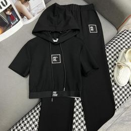 Womens clothes MM 24ss new hooded short sleeved hooded top wide leg pants set with letter embroidered ribbon decoration