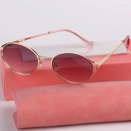 Sunglasses 2024 Oval Small For Women Brand Designer Frame Gold Alloy Metal Eyeglasses Ladies Fashion Sun Glasses UV400