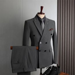 Suit Set Blazers Jacket Pants Men Casual Business Pure Colour Double Breasted Groom Wedding Formal Dress Mens 240311