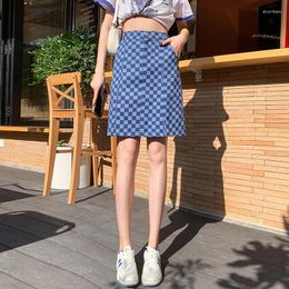 Skirts Split Plaid A-line Denim Woman High Waist Fashion Classic Blue Casual Mid-calf Length Falling Skirt Mujer Spring Summer