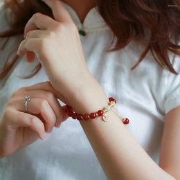Charm Bracelets Red Beans Crystal Bracelet Retro Chinese Style Elegant Peach Blossom Tassel Elastic Bangle Female