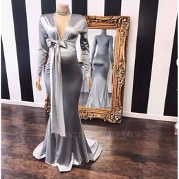 Plunging Sexy Sier V Neck Prom Dresses Long Sleeves With Bow Waist Evening Gowns Maid Of Honour Bridesmaid Dress BC