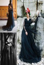 V Neck Black Tulle gothic Country Wedding Dresses Lace Up Sexy Backless Wedding Gowns Lace Long Sleeves Bride Vestidos De Novia3233313