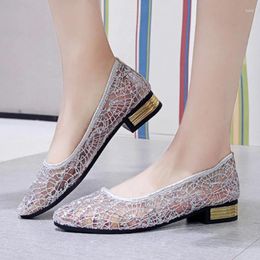 Dress Shoes 2024 Summer Women's Transparent Female Breathable Mesh Sandals Woman Party Sequins Low Heels Women Silver Big Size