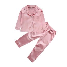 Fashion Baby Kid Girls Satin Autumn Winter Pajamas Set Solid Long Sleeve Button TopsLong Pants 2PCS Outfits Set 240322