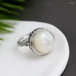 Cluster Rings Authentic 925 Sterling Silver Retro Style Inlaid Natural Mother Of Pearl Shell Lady Ring Trendy Creative Fine Jewelry Gift