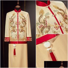 Ethnic Clothing Arrival Male Chinese Style Costume Groom Dress Jacket Long Gown Traditional Qipao For Men Drop Delivery Apparel Otj0C