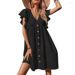 Party Dresses 2024 Summer Women Mid Length Dress Casual Pleated V-neck Button Fashion Large Size Female