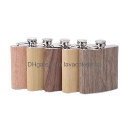 Hip Flasks Home 6Oz Portable Pocket Stainless Steel Flask Flagon Wood Grain Pattern Whiskey Wine Pot Drinker Bottle Travel Tour Drinkw Dhiun