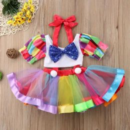 Fashion 2Pcs Toddler Kids Baby Girls Party Formal Short Sleeve Crop Tops Mesh Skirt Outfits Clothes Costume 240319