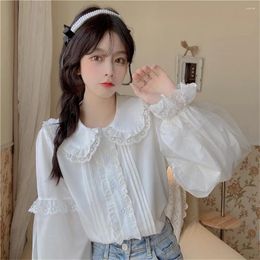 Women's Blouses Sweet Long Sleeve White Shirts Women Japanese Style Lace Ruffles Turn-down Collar Elegant Girly Blusas Korean Tops