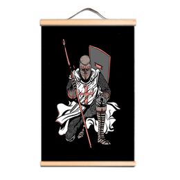 Nordic Wall Art Canvas Pictures Vintage Knights Templar Armor Warrior Poster Wooden Scroll Hanging Painting Printed Home Living Room Decor CD34