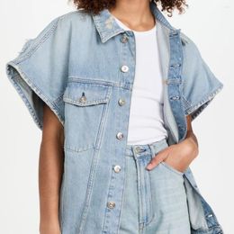 Women's Jackets Women Oversize Light Blue Worn Loose Denim Vest