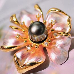 Brooches MeibaPJ 9-10mm Natural Black Pearl Flower Corsage Brooch Fashion Sweater Jewellery For Women Empty Tray