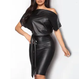Casual Dresses Vintage Pu Leather Tunic Dress Ladies One Shoulder Drawstring Waisted Pencil Batwing Sleeve Evening Party