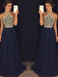 Navy Blue Beaded Crystals Chiffon Evening Dresses A Line Halter Neck Backless Long Prom Gowns Women Formal Occasion Party Dress BC18455