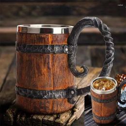 Mugs 600ml Viking Wood Style Beer Mug Christmas Gift Simulation Wooden Barrel Cup Double Wall Drinking Metal Insulate Bar Kit