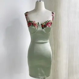 Casual Dresses Vintage Embroidery Floral Elastic Satin Spaghetti Strap Dress Women Vacation Slim Short With Bra