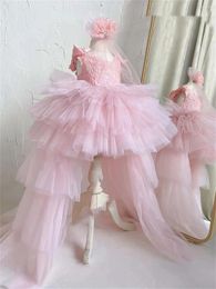 Girl Dresses Light Pink Flower Dress Tulle Layered Puffy Sleeveless Long Train With Bow Kids Evening Party First Communion Ball Gown