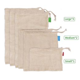 6pcs Reusable Cotton Mesh Produce Bags for Vegetable Fruit Kitchen Washable Storage Bag With Drawstring 3 Sizes Avilable 240325