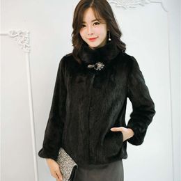 Новое женское длинное пальто из меха норки с коротким прямым воротником-стойкой