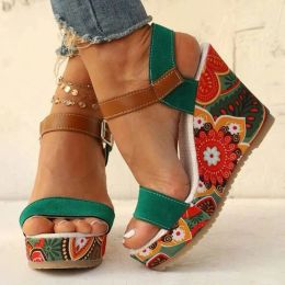 Sandals For Dropship Platform Wedges Woman Sandals 2023 Summer New Women Floral Pattern Ankle Strap Sandals Fashion Green Wedge Sandals