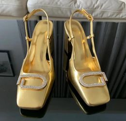 Women's wedding sandal high heels Golden thick heel sandal summer Crystal letter buckle Ankle Strap sandal women's casual shoes