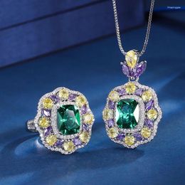 Necklace Earrings Set Emerald High Carbon Diamond Amethyst Pendant Adjustable Ring Women's Jewellery Gift For Year 2024 Dress Accessories