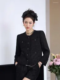 Women's Hoodies Black Heavy Woven Tweed Small Fragrant Coat For 2024 Autumn Style Wool Short Top