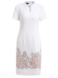 Party Dresses Summer Straight Dress Office Lady Jacquard Pencil Chinese Style Short Sleeve Evening Clothing Floral White