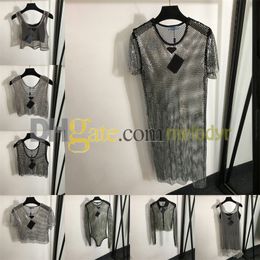 Sexy Hollow Tank Diamond Mesh Dress Designer Badge Rhinestone Skirts Women Mesh Vest Summer Perspective Short Sleeve Top Streetwear