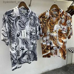 Men's Casual Shirts Y2K New 2023 MARIA Yellow Grey Hundred Tiger Print Turn-down Collar Hawaiian Short Sleeved Shirt Mens Clothing Summer Sale L240320