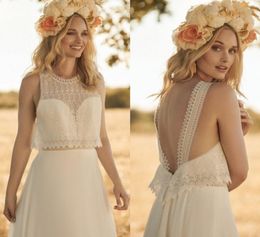 2020 Modest Rembo Styling Bohemian Simple Jewel Sleeveless Backless Wedding Dresses Lace Ruffles Wedding Gowns Sweep Train robe de4248404