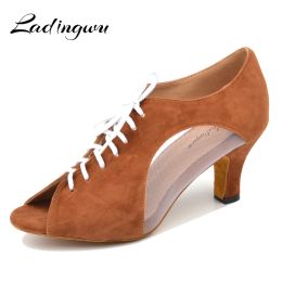 Boots Ladingwu Flannel and Mesh Dance Shoes Latin Woman Salsa Dancing Shoes Red Women Ballroom Shoes Dance Soft Bottom Heel 5/6/7cm