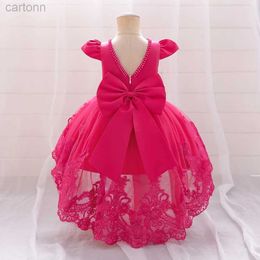 Girl's Dresses Preschool Bow Baby Dress Girl Beaded Tulle Princess First Birthday Embroidered Childrens Party Dress Girl Pink Baptist Clothing 24323