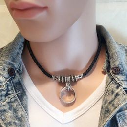 Chains ANL047 Handmade Cool Simple Metal Ring Charms Pendent Woven Braided Leather Rope Lucky Necklace For Adjustable Men Jewelry