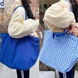 Bag Double-sided Canvas Korean Style Simple Plaid Shoulder Student Girl Leisure Dual-use Big Shopping