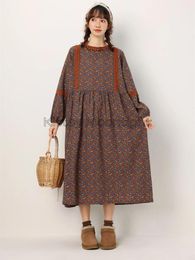 Casual Dresses Vintage Floral Cotton Linen Women Japanese Sweet Mori Girl Lace Round Neck Long Sleeve Vestido Autumn Loose Female Dress