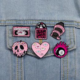 Pink Terror Theme Enamel Pins Eyes Heart Tape Recorder Vintage Jewelry Lapel Badge Clothes Backpack Brooches Gift for Friends