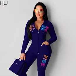 Women's Two Piece Pants HLJ Fall Women PINK Letter Printing Hooded Tracksuits Zipper Long Sleeve Coat Skinny Sets Casual Outfits