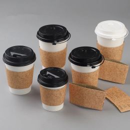 Tools 50pcs High Quality White Disposable Coffee Cups Cold Hot Drink Tea Takeaway Packaging Paper Cup with Lid and Kraft Paper Sleeve