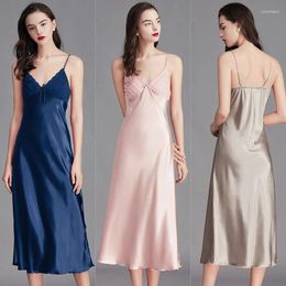 Women's Sleepwear Summer Nightdress Women V-neck Solid Colour Long Sleeveless Satin Silk Chemise Slip Slim Fit Dress Nightwear