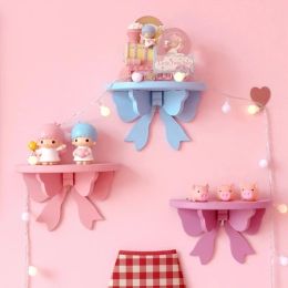 Racks Cute Bow Wall Shelf Wooden Kawaii Wall Hanging Holder Kids Toy Display Storage Racks Girl Bedroom Decoration Organiser Shelves