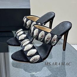 Slippers Fashion Black Velvet Metal Decorative Stiletto Dress Shoes Summer Women's Large-size High Heel Elegant Vacation