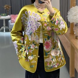 Ethnic Clothing High Quality Winter Coat O-Neck Peacock Embroidered Acetate Chinese Style Women's Single Breasted Vintage Cotton Jacket