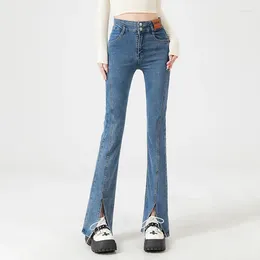 Women's Jeans Women Fashion Flare Blue Double Button High Waist Mid-Stretch Split Bell Bottom Denim